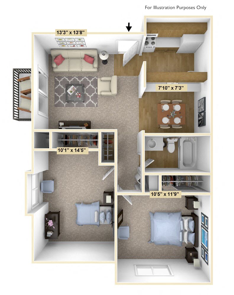 Floor plan for 2 beds, 1 bath, 750 sqft